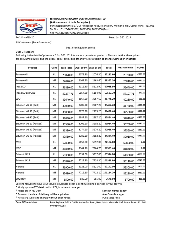 HPCL Bitumen Price List December 2019 | PDF | Hydrocarbons | Liquids