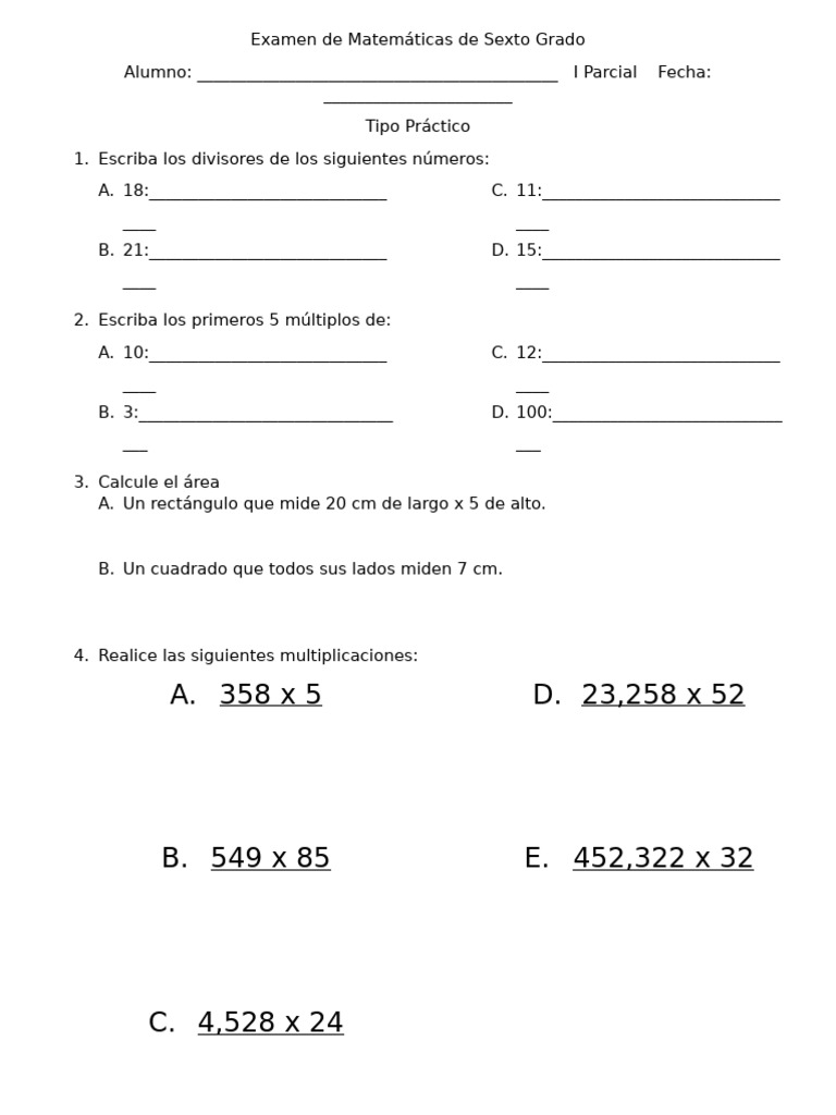 Examen de Matemáticas 6to Grado | PDF