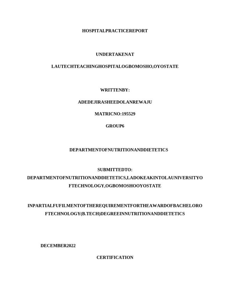 Hospital Practice Report in Nutrition | PDF | Chronic Kidney Disease ...