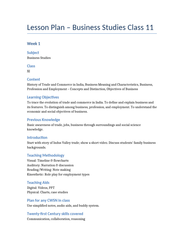 Business Studies Lesson Plan Class 11 | PDF | Communication | Business