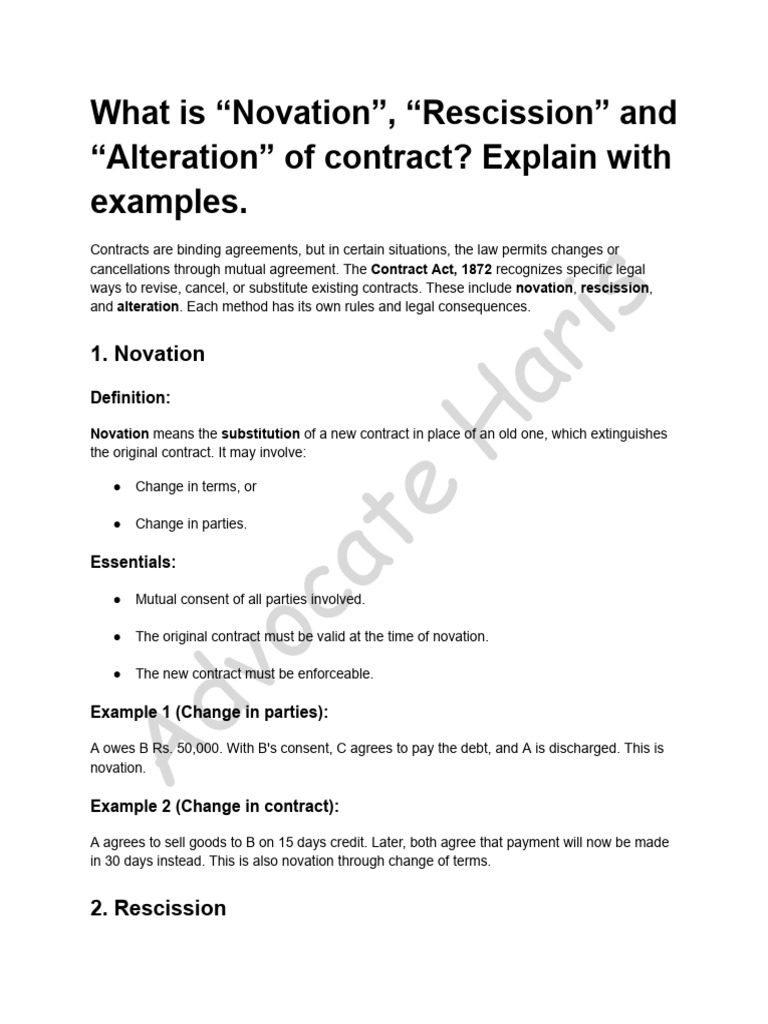 Novation, Rescission, and Alteration Explained | PDF | Consent | Civil ...