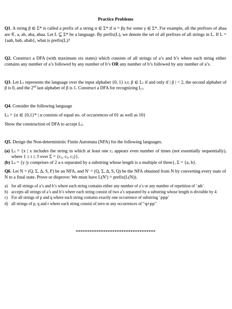 DFA and NFA Practice Problems | PDF
