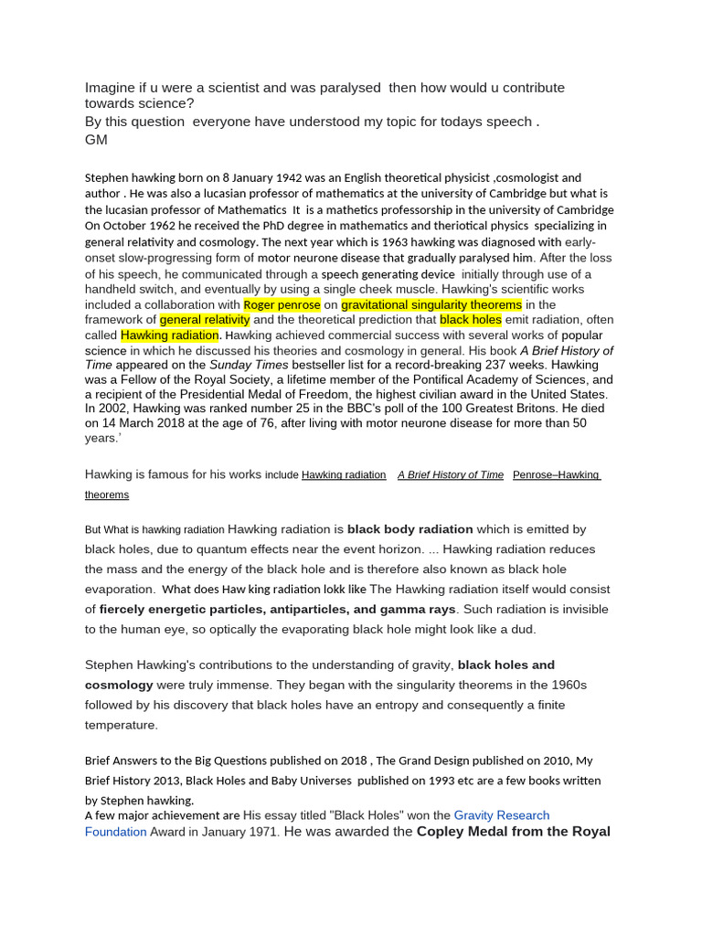 Stephen Hawking Speech PDF Stephen Hawking Black Hole