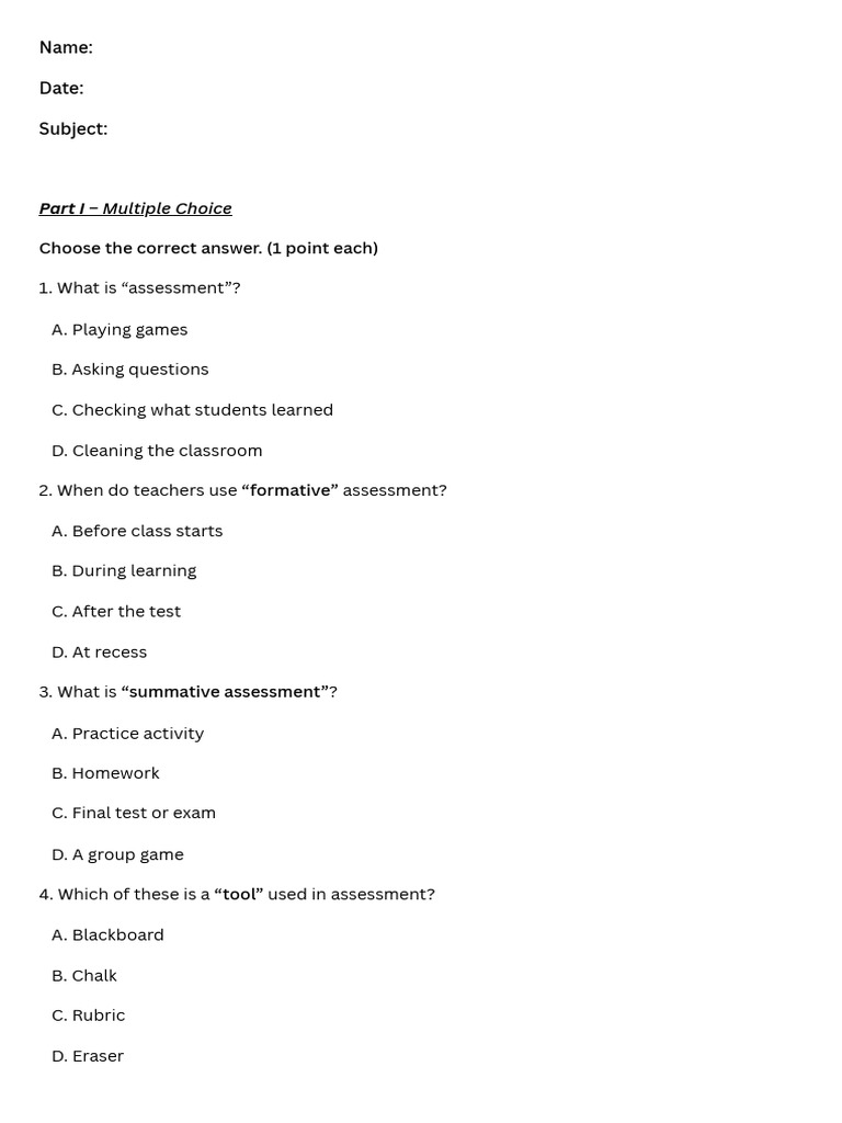 Student Assessment Quiz Questions | PDF