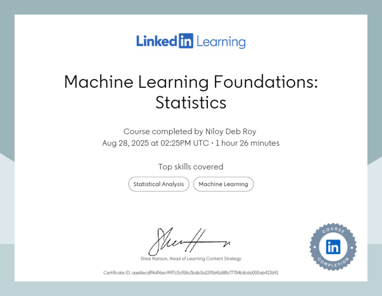 Machine Learning Statistics Course Completion | PDF