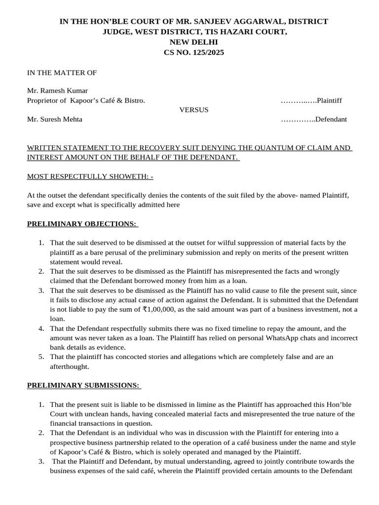 Recovery Suit Written Statement Overview | PDF | Lawsuit