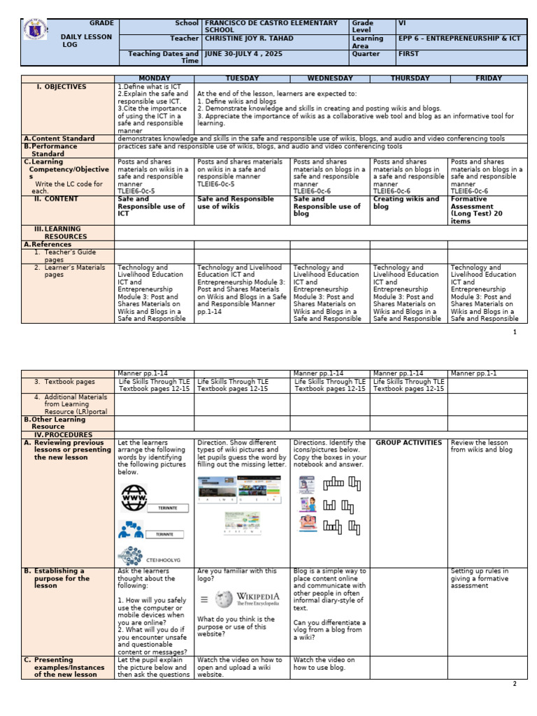 Daily Lesson Log: ICT & Entrepreneurship | PDF | Educational Technology ...