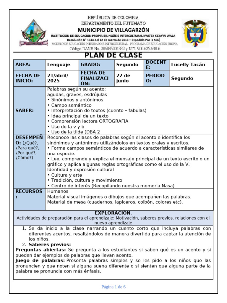 Plan de Clase de Lenguaje para Segundo Grado | PDF | Comunicación ...