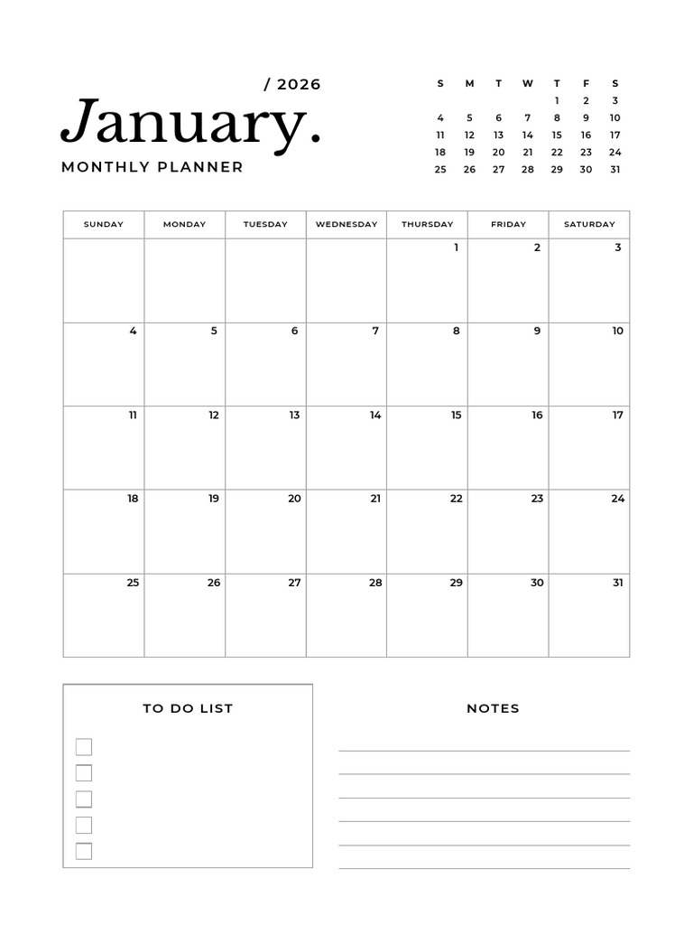 Black and White Minimalist Calendar January 2026 Monthly Planner ...