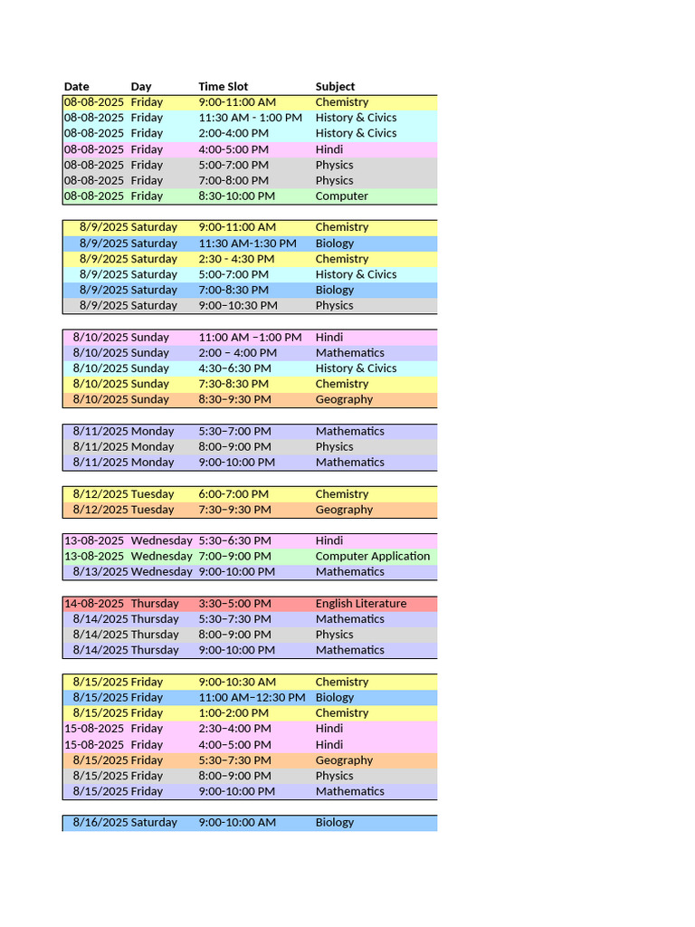 August 2025 Study Schedule | PDF | Physical Sciences | Natural Sciences