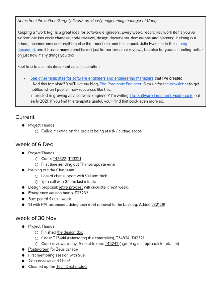 Weekly Work Log for Software Engineers | PDF