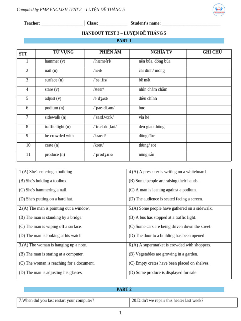 PMP English Test 3 Vocabulary Practice | PDF