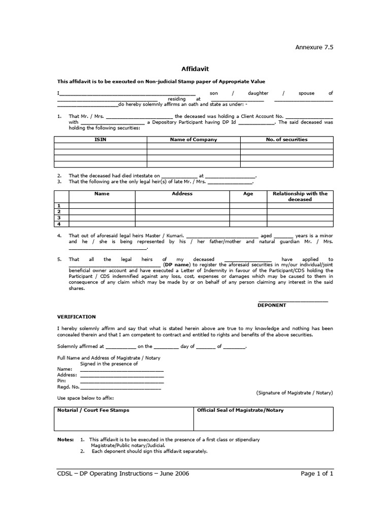 Affidavit of Legal Heirs Format | PDF | Affidavit | Notary Public