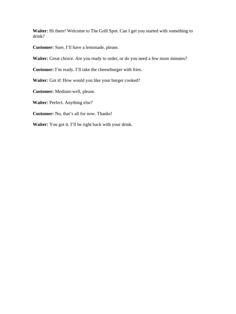 Restaurant Order Taking Script | PDF