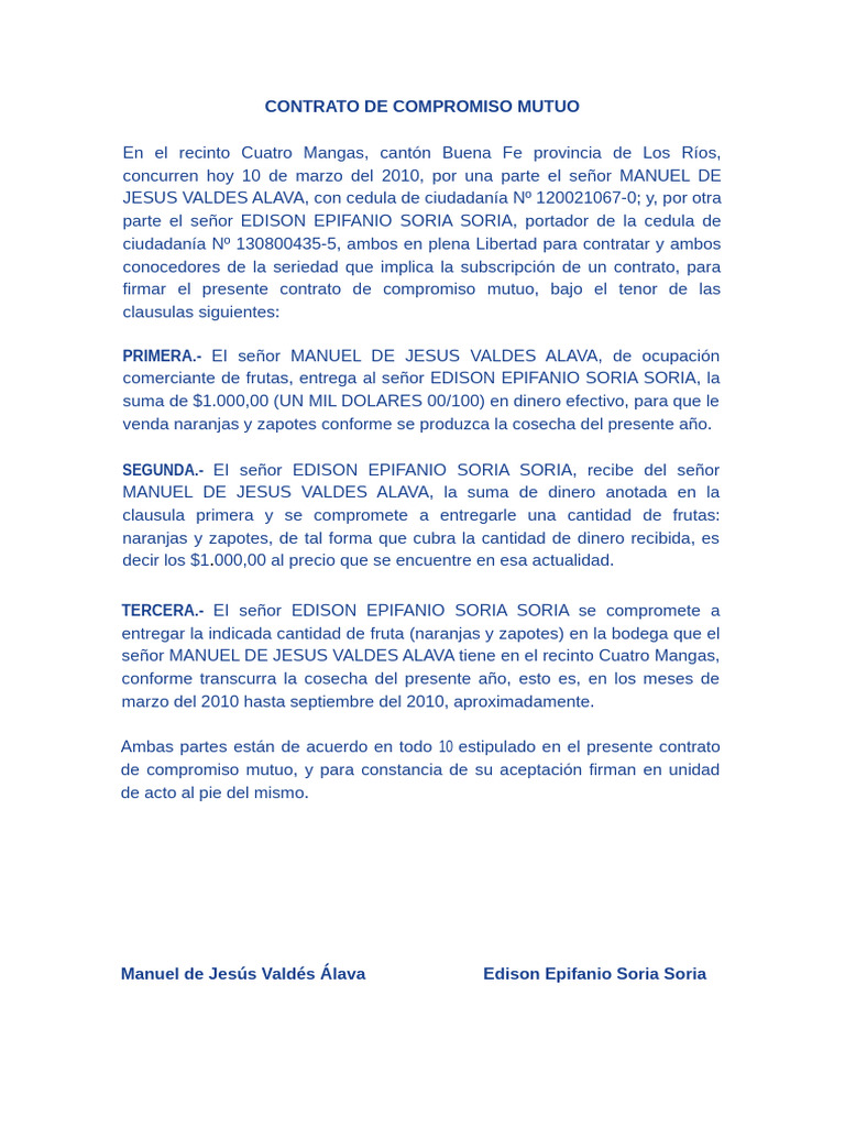 Contrato de Compromiso Mutuo de Frutas | PDF