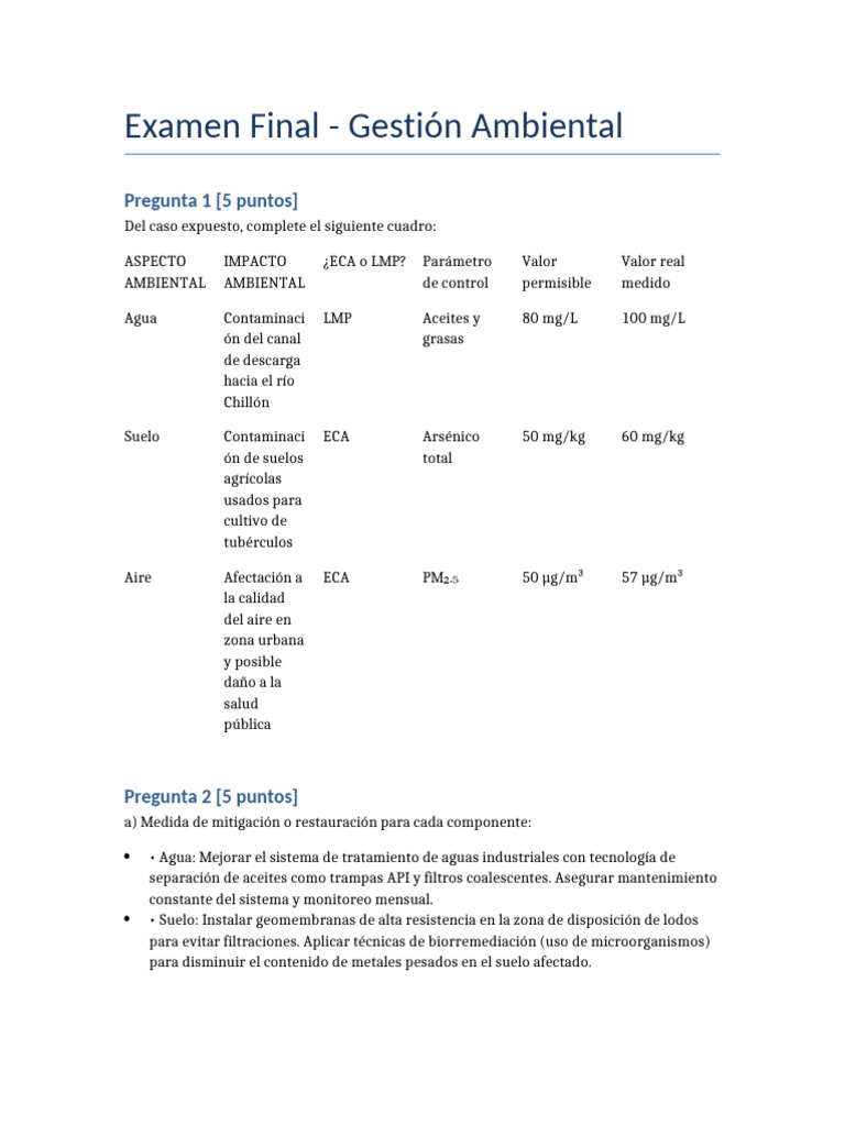 Examen Final de Gestión Ambiental | PDF | Evaluación de impacto ...