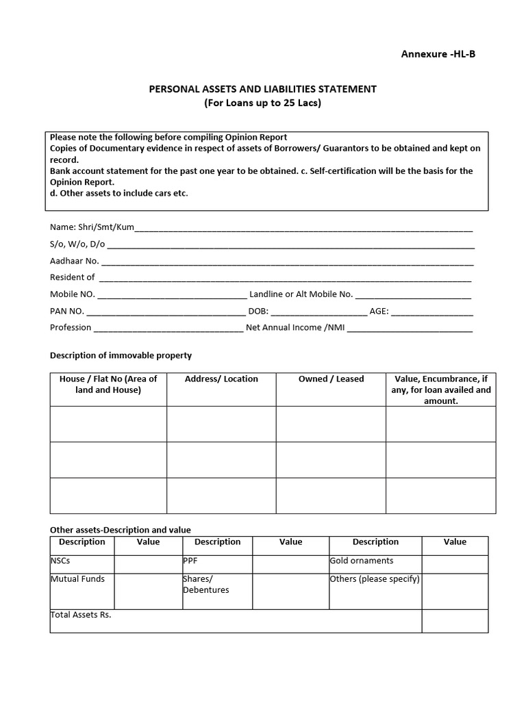 Personal Assets & Liabilities Statement | PDF | Loans | Valuation (Finance)