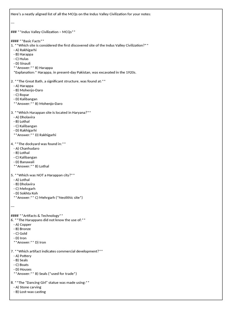 Indus Valley Civilization MCQs Guide | PDF | Ashoka | Ancient India