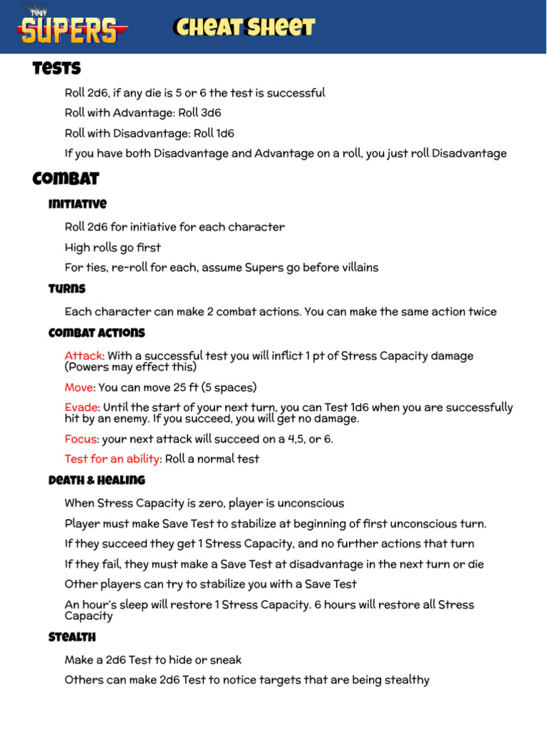 RPG Combat and Test Cheat Sheet | PDF