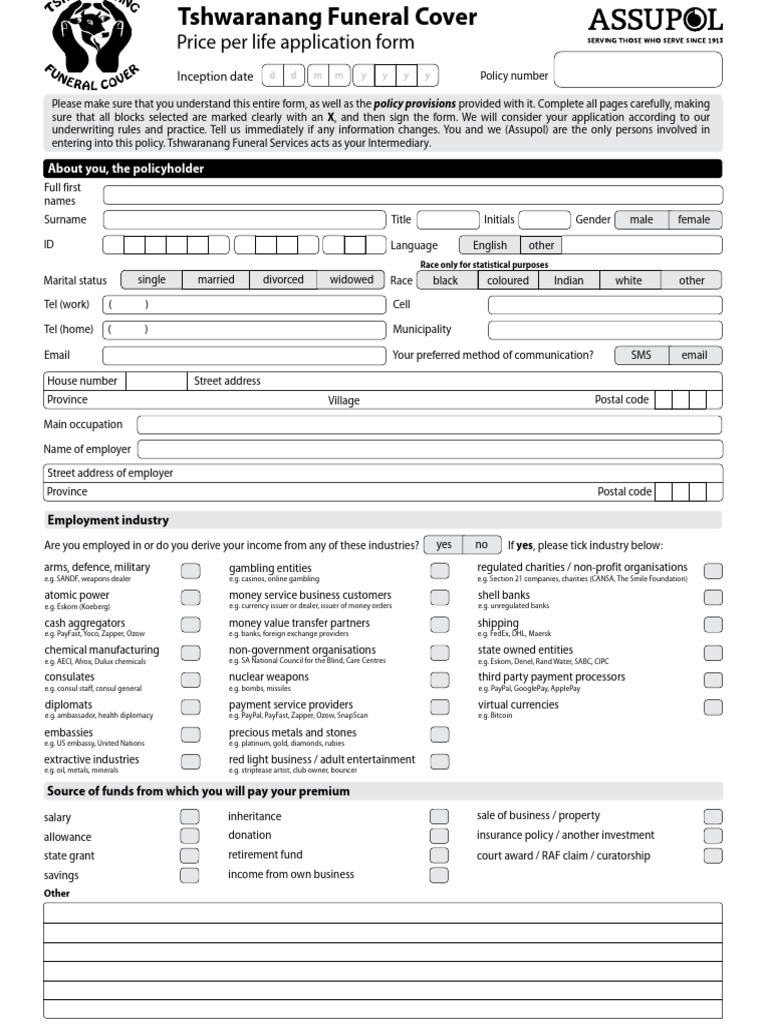 Tshwaranang Funeral Services Price For Life Application Form - V 3 ...