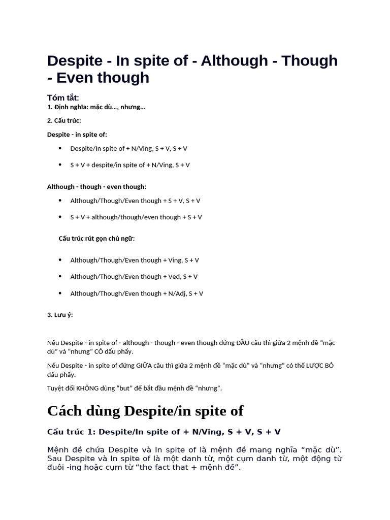 Although, Even Though, Inspite Of, Despite of | PDF