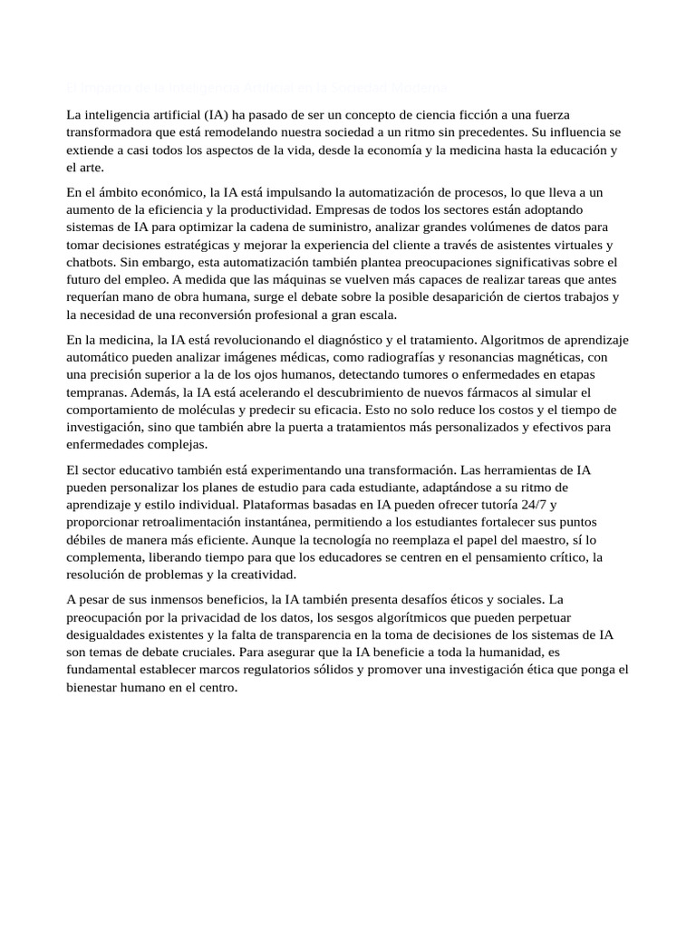 Impacto de la IA en la Sociedad Actual | PDF | Inteligencia artificial ...