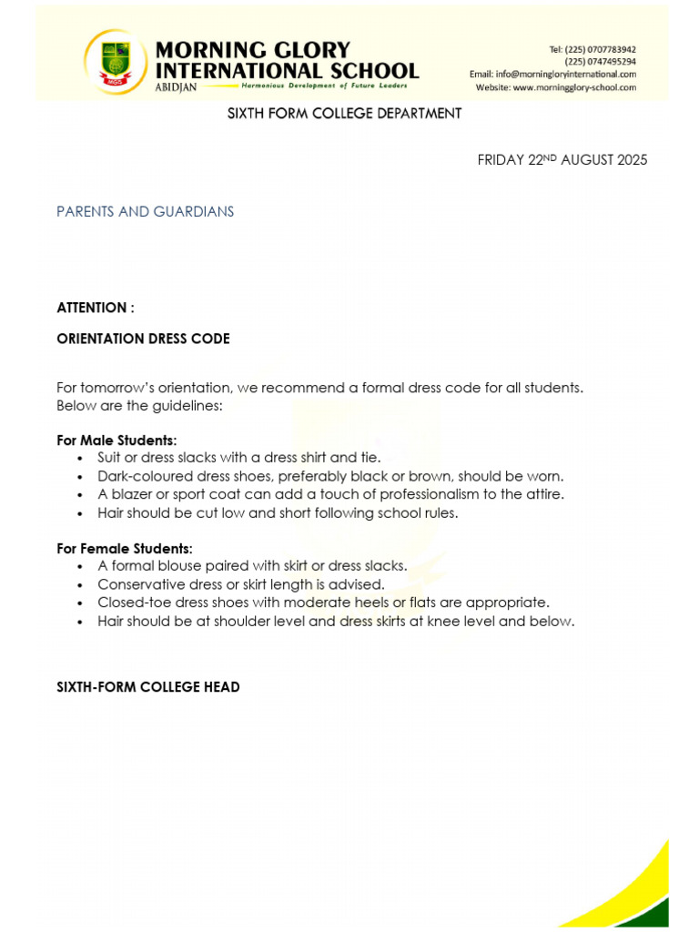 Orientation Dress Code For Year 12 Students 2025 | PDF