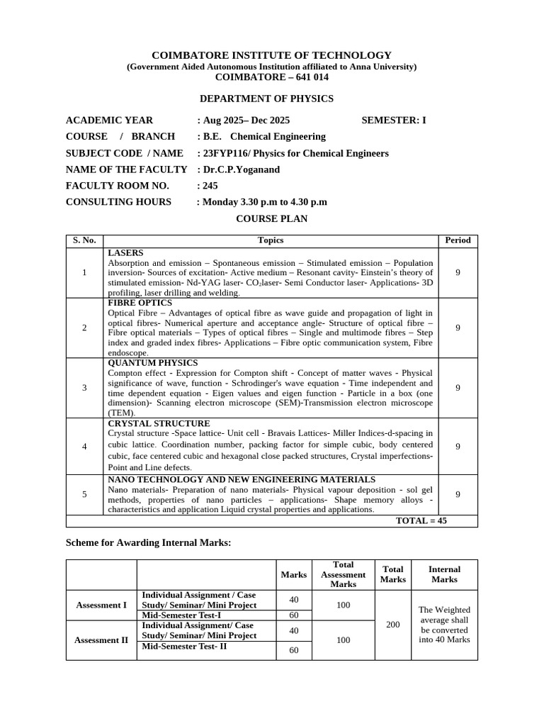 Physics for Chemical Engineers Course Plan | PDF | Crystal Structure ...