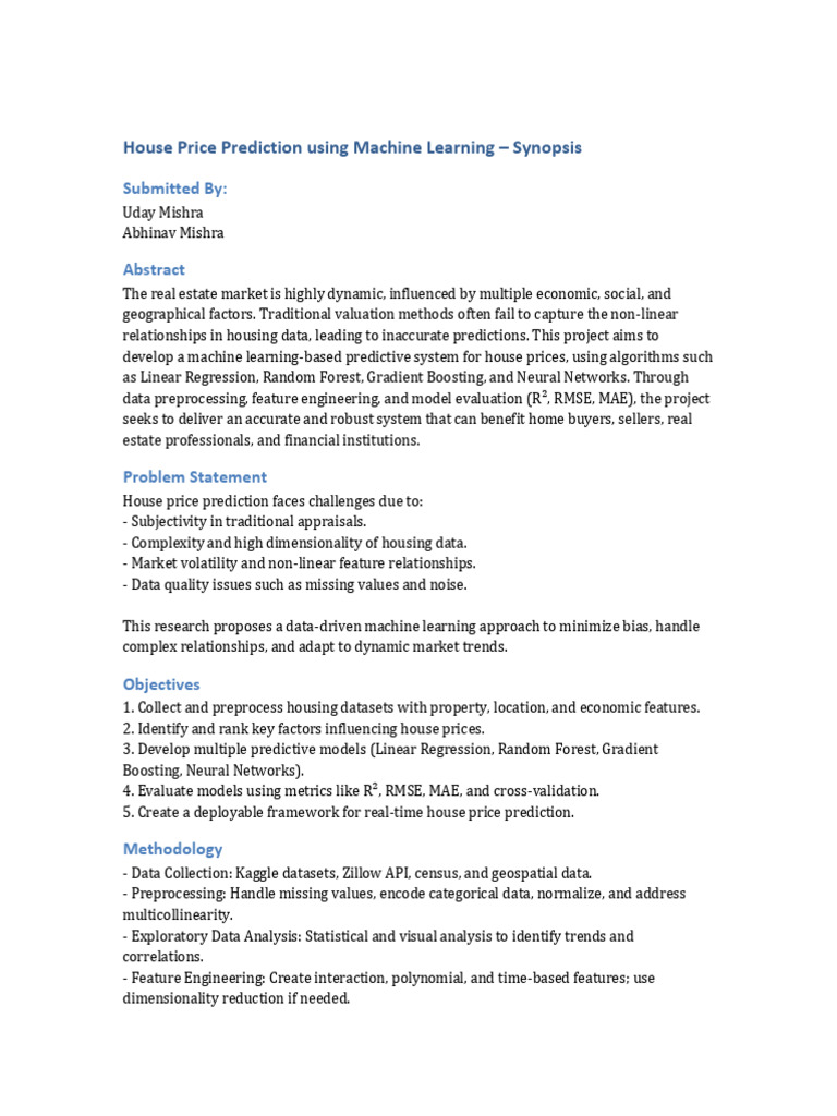 House Price Prediction Short Synopsis With Block Diagram | PDF ...
