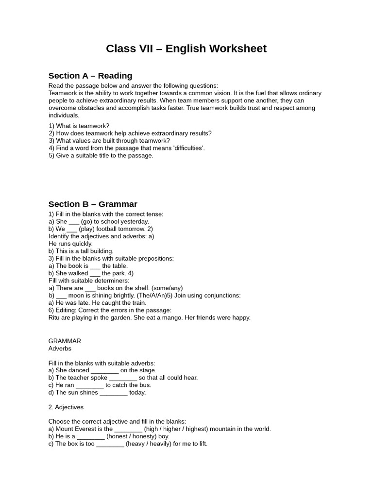 Class VII English Worksheet | PDF | Adverb | Languages