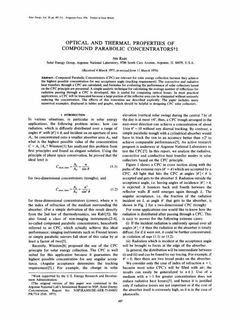 Optical and Thermal CPC Properties | PDF | Heat Transfer | Reflection ...