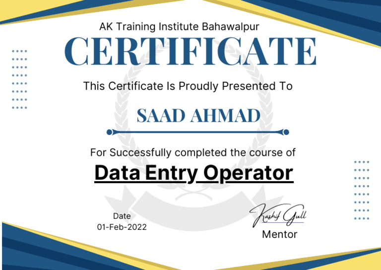 Data Entry Operator Certificate - Saad Ahmad | PDF