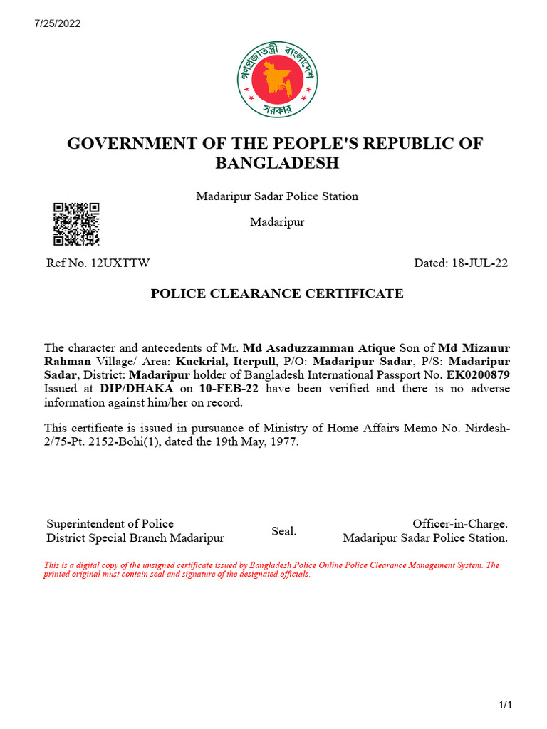 Bangladesh Police Clearance Certificate | PDF