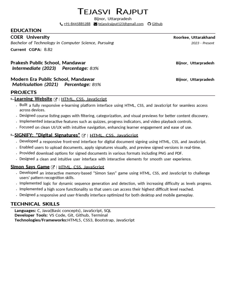 Tejasvi Rajput: Education & Projects | PDF | Java Script | Html