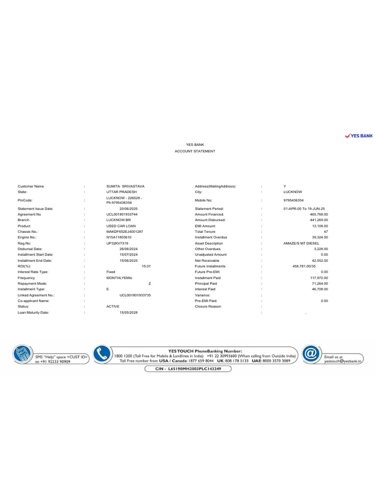 YES Bank Used Car Loan Statement | PDF | Loans | Interest