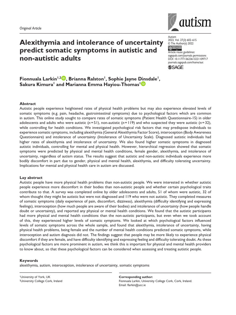 Alexithymia and Intolerance of Uncertainty Predict Somatic Symptoms in ...