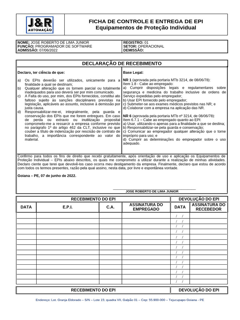 Controle de Entrega de EPI para Funcionários | PDF