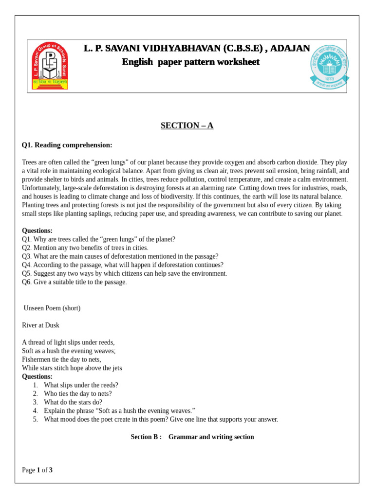 G-8 English Paper Pattern Worksheet | PDF | Deforestation | Trees