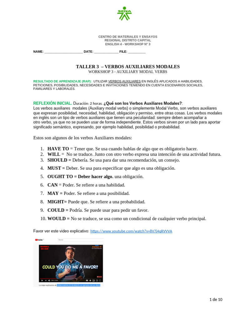 Taller 3: Verbos Auxiliares Modales | PDF | Semántica | Lingüística