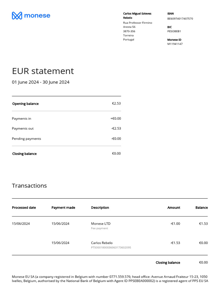 June 2024 EUR Statement Summary | PDF | Services (Economics) | Money