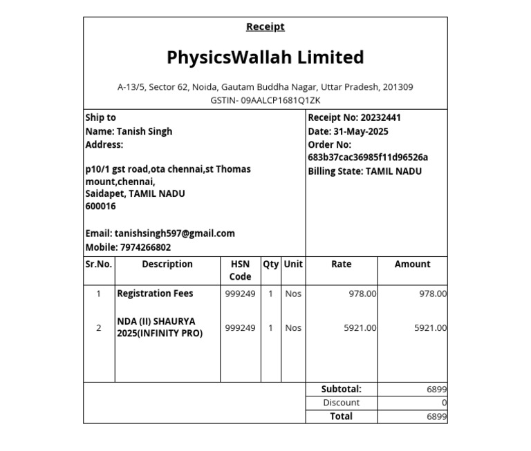 Receipt for NDA Registration Fees | PDF
