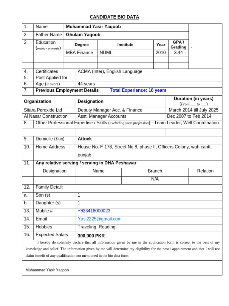Fresh Candidate Bio Data Blank Form | PDF