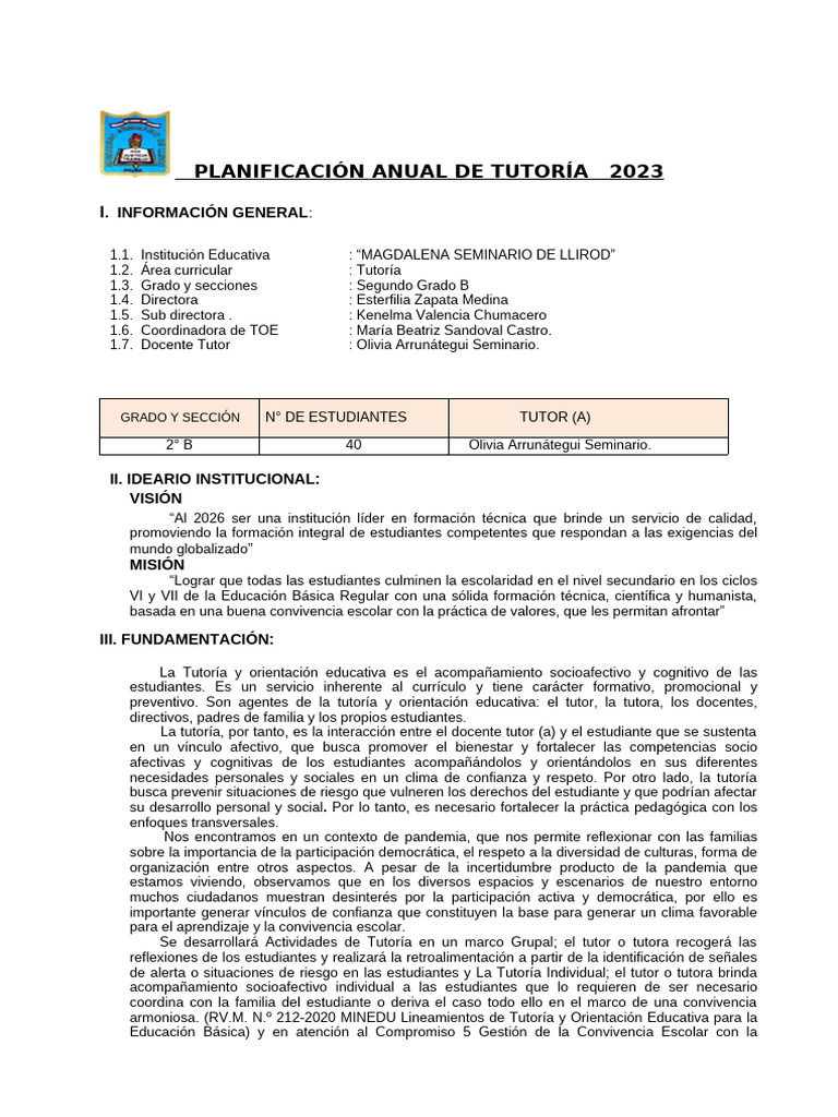 Plan Anual de Tutoria 2° B 2023 MSLL | PDF | Aprendizaje | Enseñando