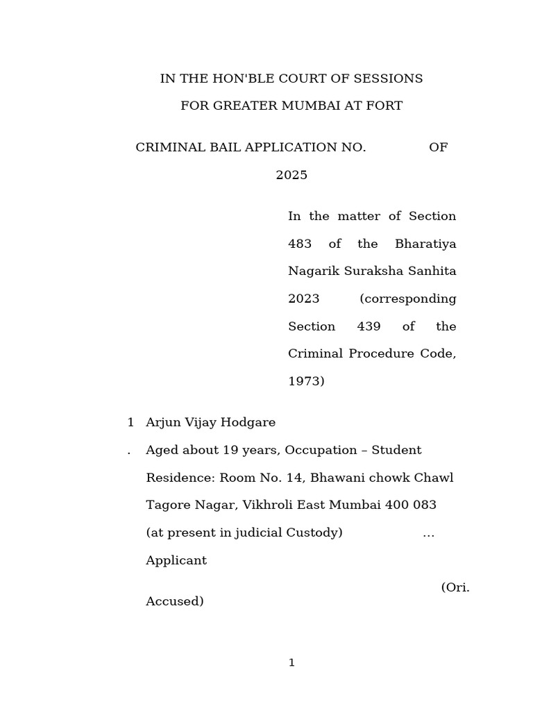 Bail Application for Arjun Hodgare 2025 | PDF | Bail | Arrest