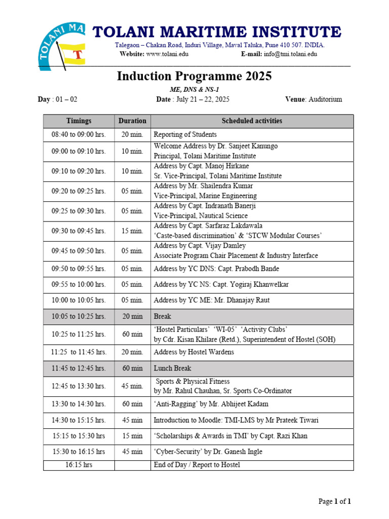 TMI Induction Programme 2025 Schedule | PDF