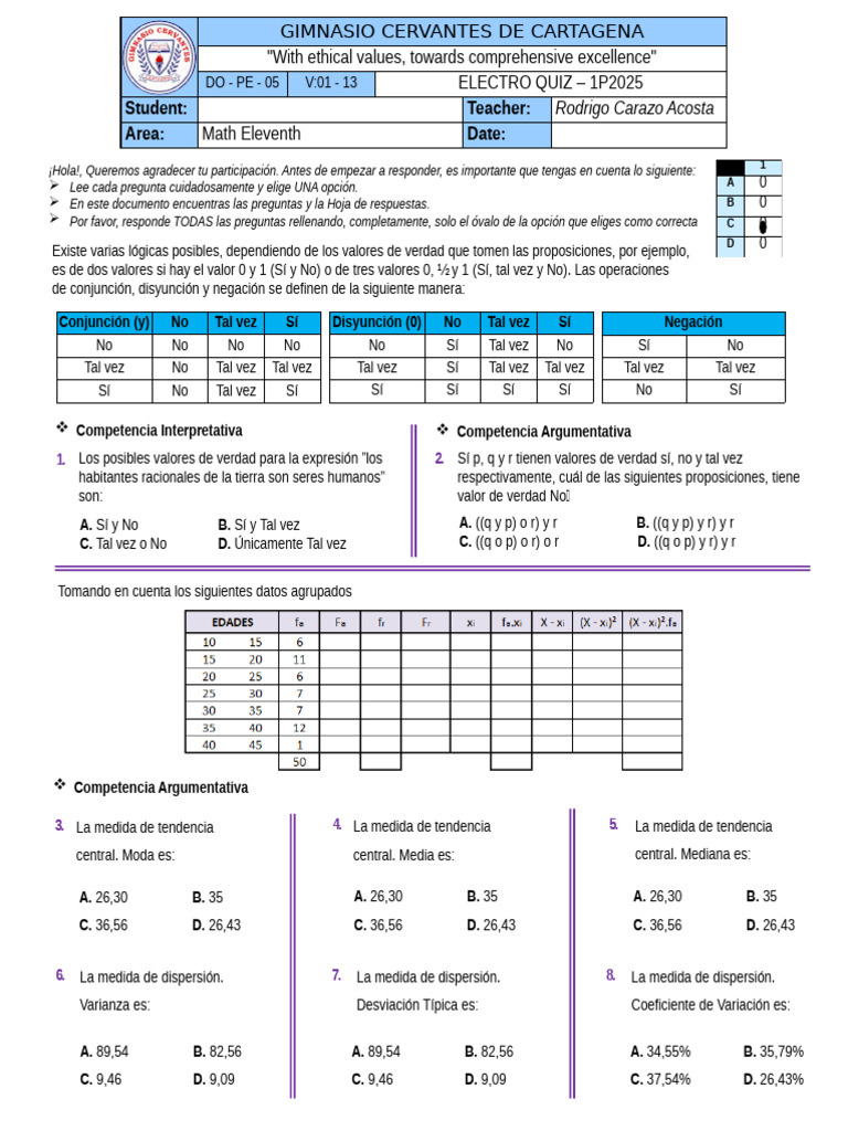 EQ - Math 11° - GCC 1P2025 | PDF | Lógica