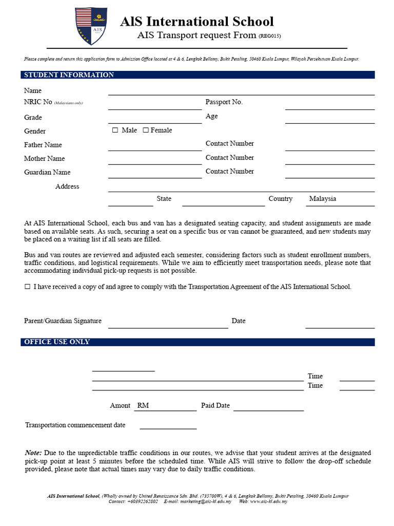 AIS International School Transport Request | PDF