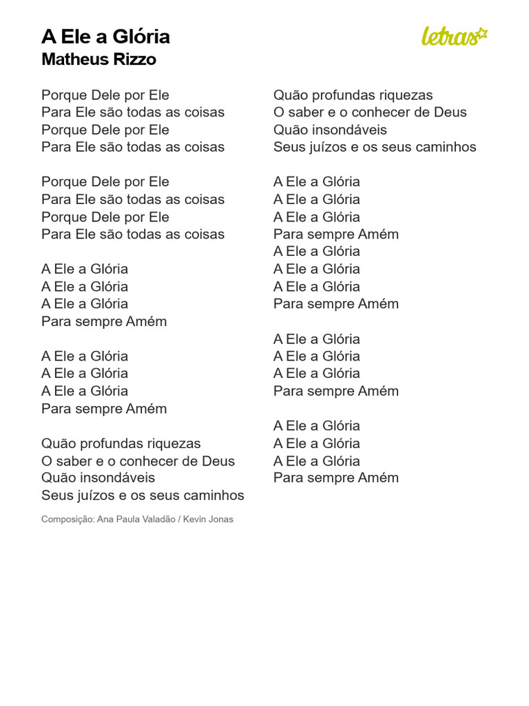 A ELE A GLÓRIA - Matheus Rizzo (Impressão) | PDF