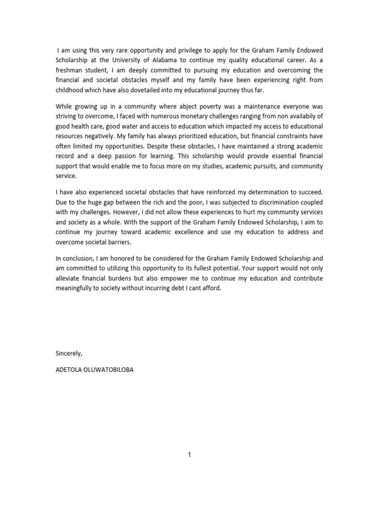 Graham Family Scholarship Application Essay | PDF