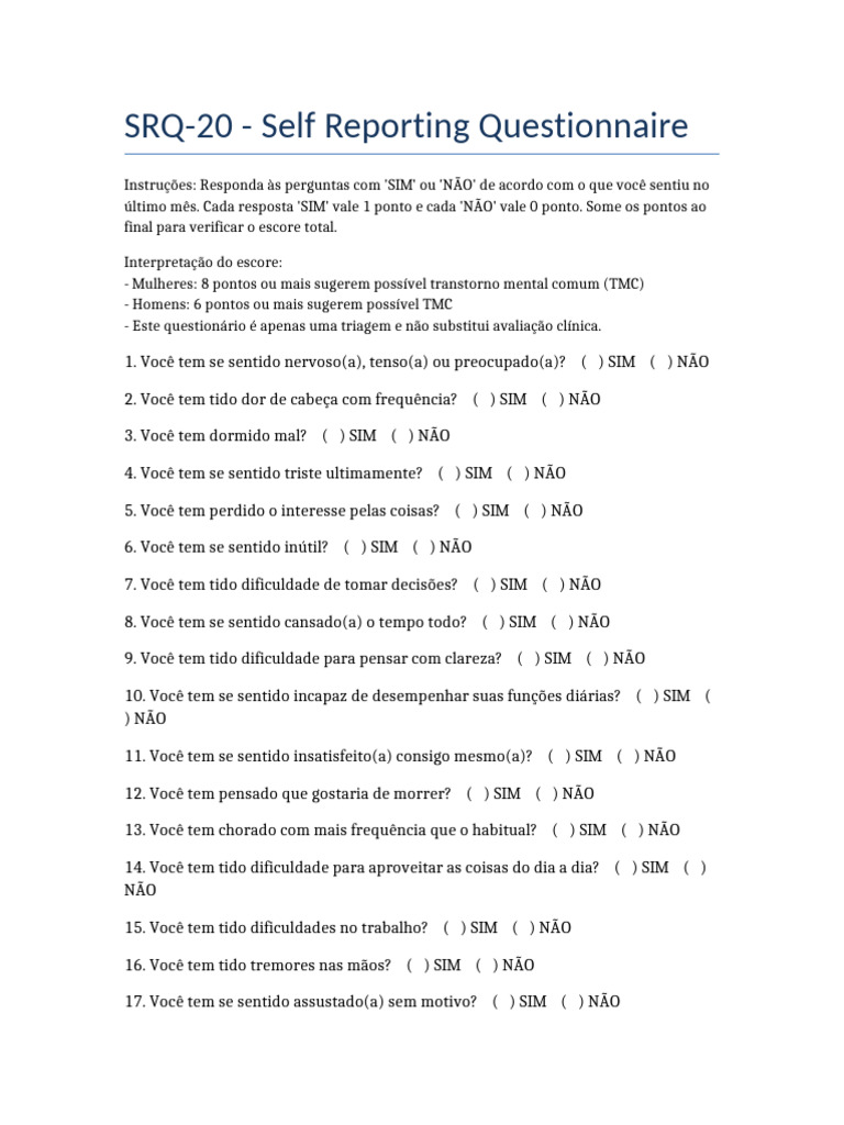 Questionário de Autoavaliação SRQ-20 | PDF